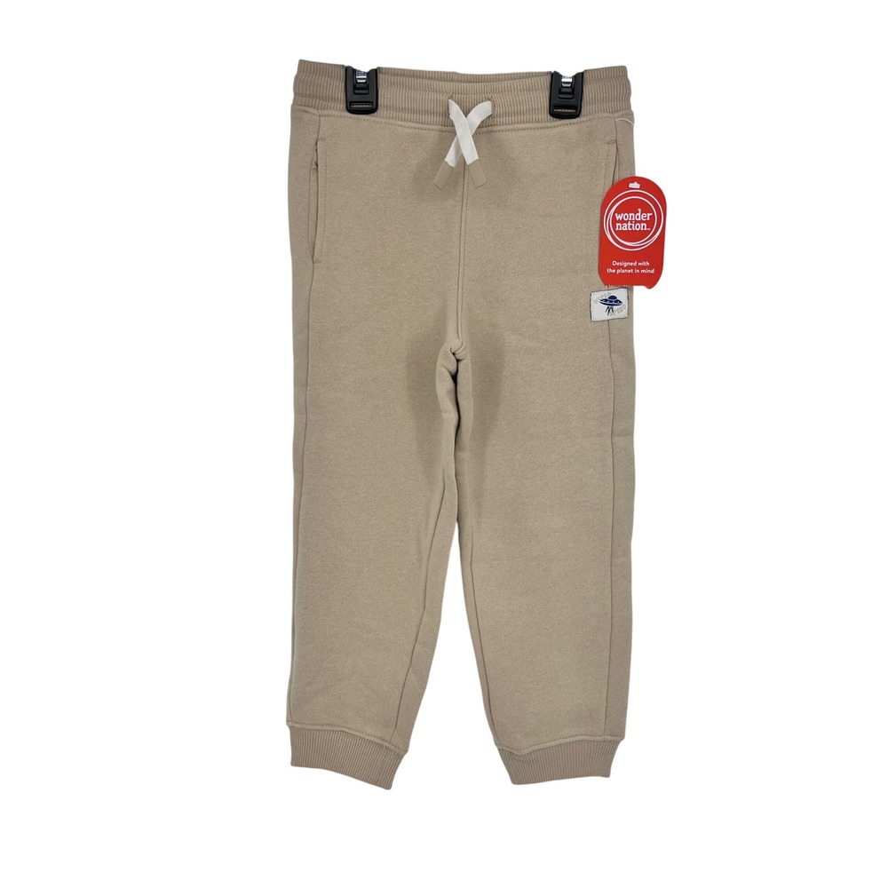 Tan Fleece Joggers Kids Boys 5 Sesame UFO Patch Drawstring Pants Casual Cozy